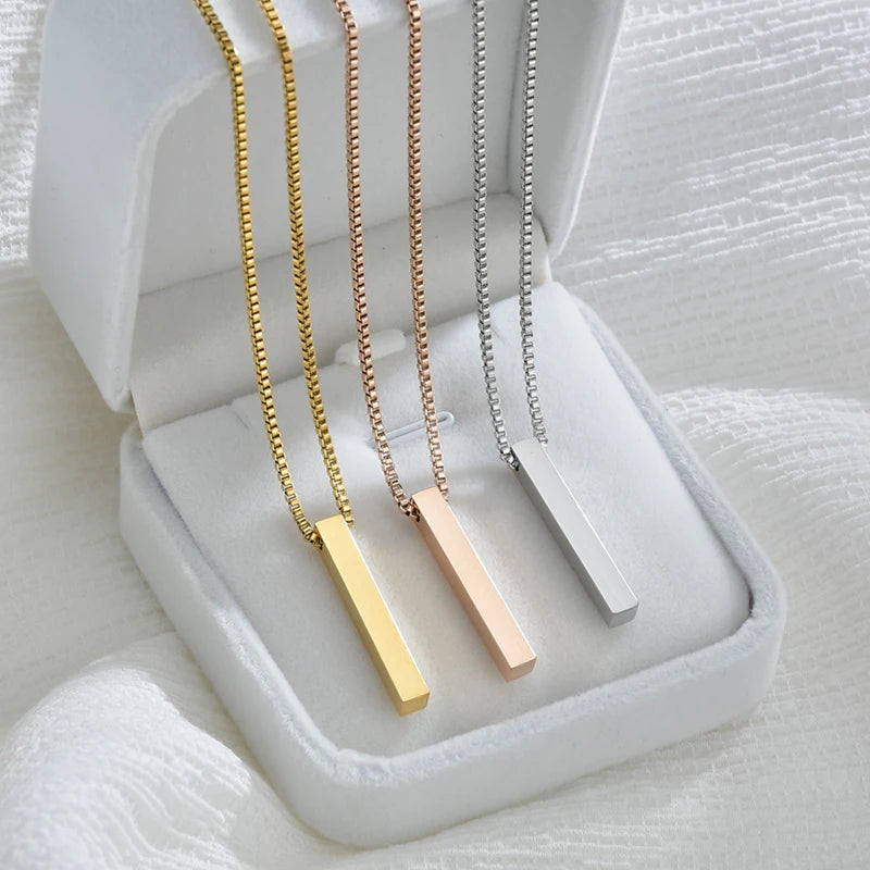 Bluelory Custom Square Bar Engrave 4 Sides Name Pendant For Women Men Stainless Steel Engrave Birthdate Necklace Gift Wholesale