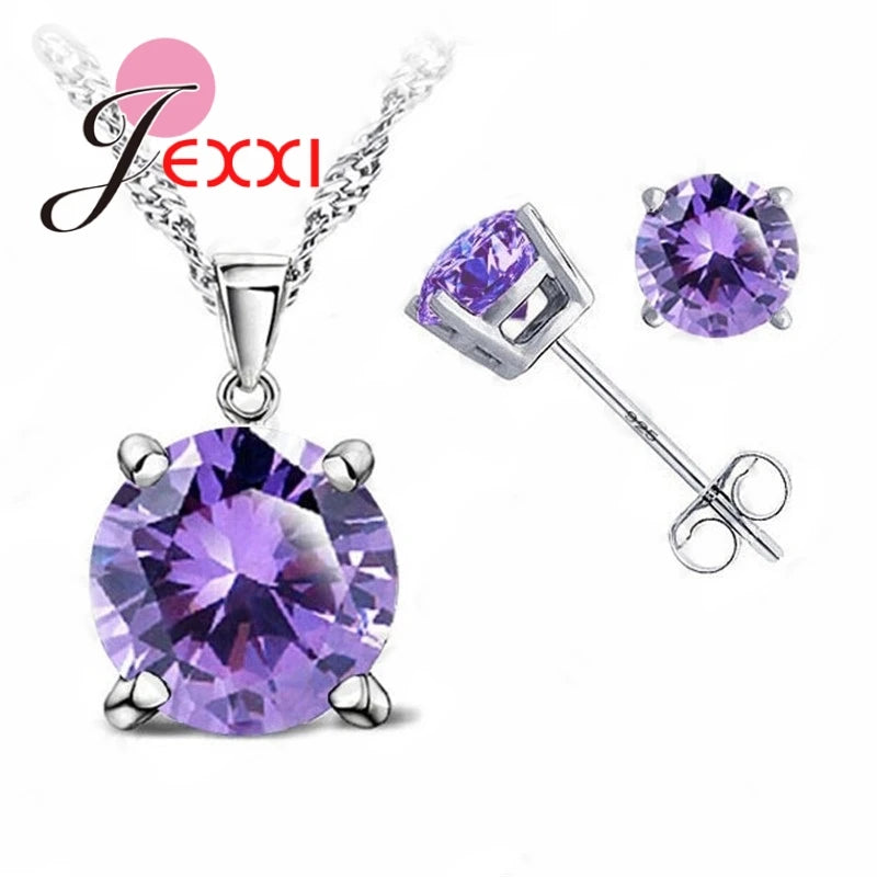 Classic Jewelry 4 Claws Cubic Zirconia 925 Sterling Silver Jewelry Sets Stud Earring Pendant Necklace 8 Colors