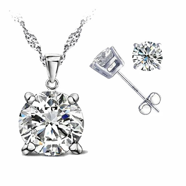 Classic Jewelry 4 Claws Cubic Zirconia 925 Sterling Silver Jewelry Sets Stud Earring Pendant Necklace 8 Colors