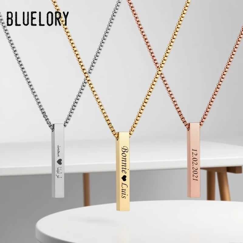 Bluelory Custom Square Bar Engrave 4 Sides Name Pendant For Women Men Stainless Steel Engrave Birthdate Necklace Gift Wholesale