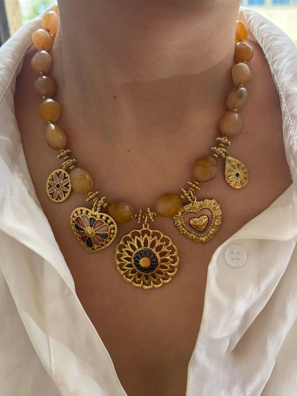 GHIDBK Fashionable Stainless Steel Gold-Plated Heart-Shaped Circular Pendant Necklace Handmade Women Resin Bead Chain Jewelrys