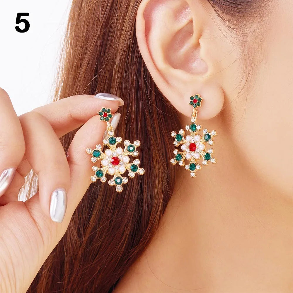Cute Snowflake Christmas Stud Earrings Crystal Zircon Pearl Dangle Piercing Ear Jewelry Drop Earrings Gifts