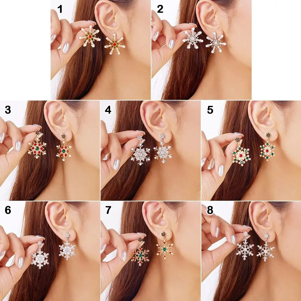 Cute Snowflake Christmas Stud Earrings Crystal Zircon Pearl Dangle Piercing Ear Jewelry Drop Earrings Gifts