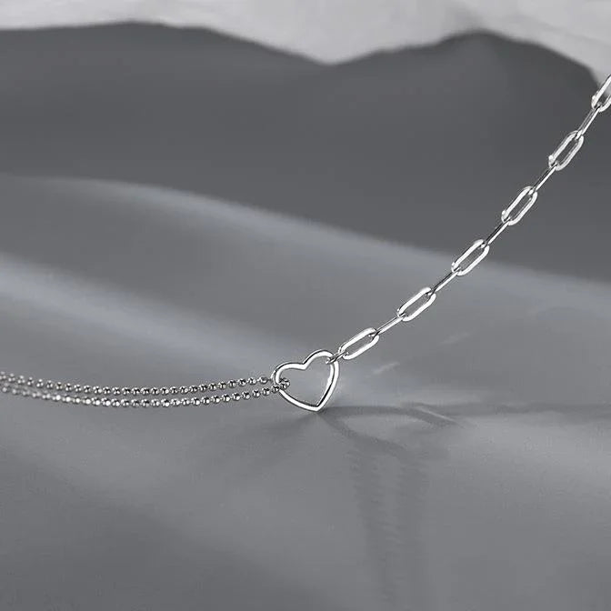 Real 925 Sterling Silver Hollow Heart Bead Chain Necklaces for Women Cute Fine Jewelry Minimalist Asymmetrical Accessories