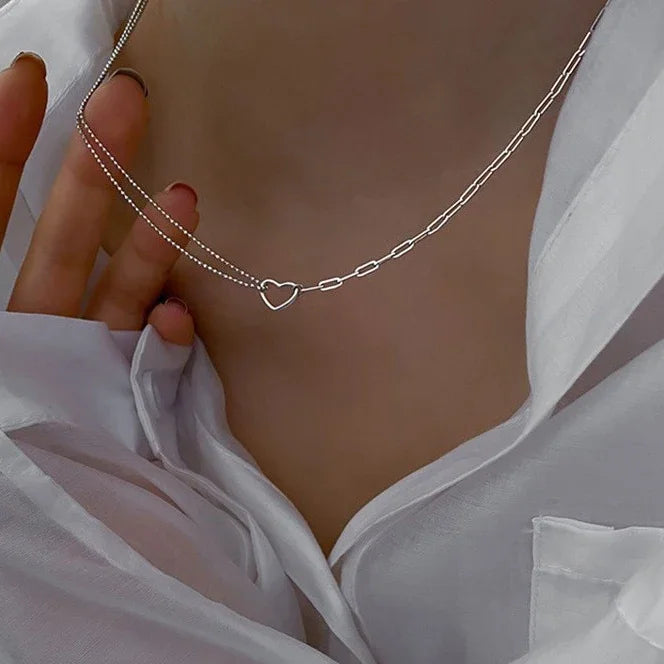 Real 925 Sterling Silver Hollow Heart Bead Chain Necklaces for Women Cute Fine Jewelry Minimalist Asymmetrical Accessories