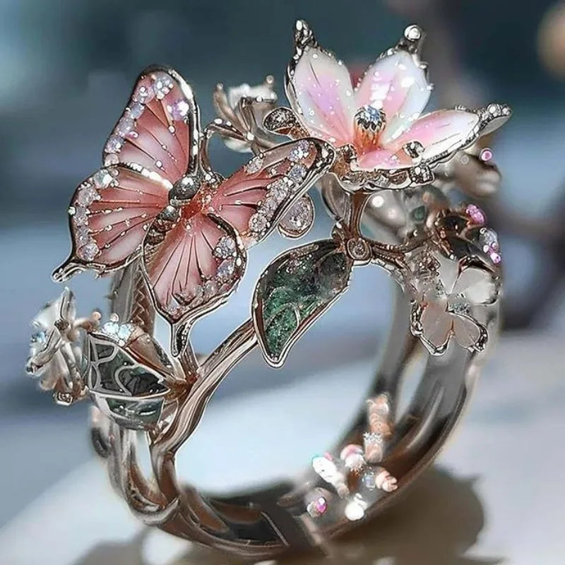 Aesthetic Flower Butterfly Rings for Female Romantic Rhinestone Stylish Non-fading Opening Ring Women Wedding Jewelry Party Gift