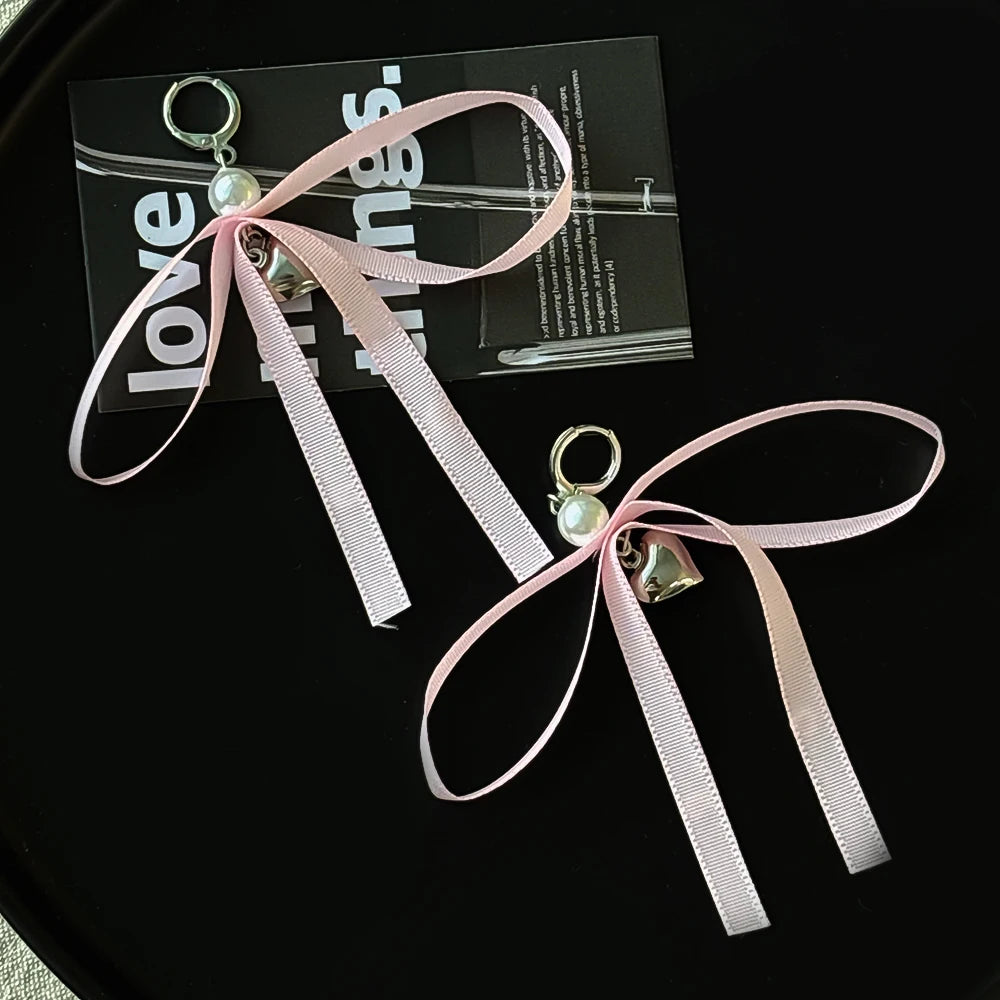 Romantic Imitation Pearl Ribbon Bowknot Statement Earrings for Women Vintage Y2K Heart Aesthetic Earrings 2024 Trendy Jewelry