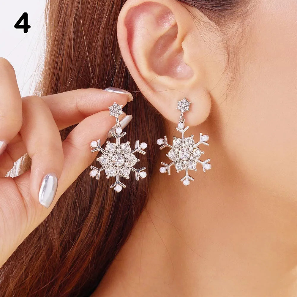 Cute Snowflake Christmas Stud Earrings Crystal Zircon Pearl Dangle Piercing Ear Jewelry Drop Earrings Gifts