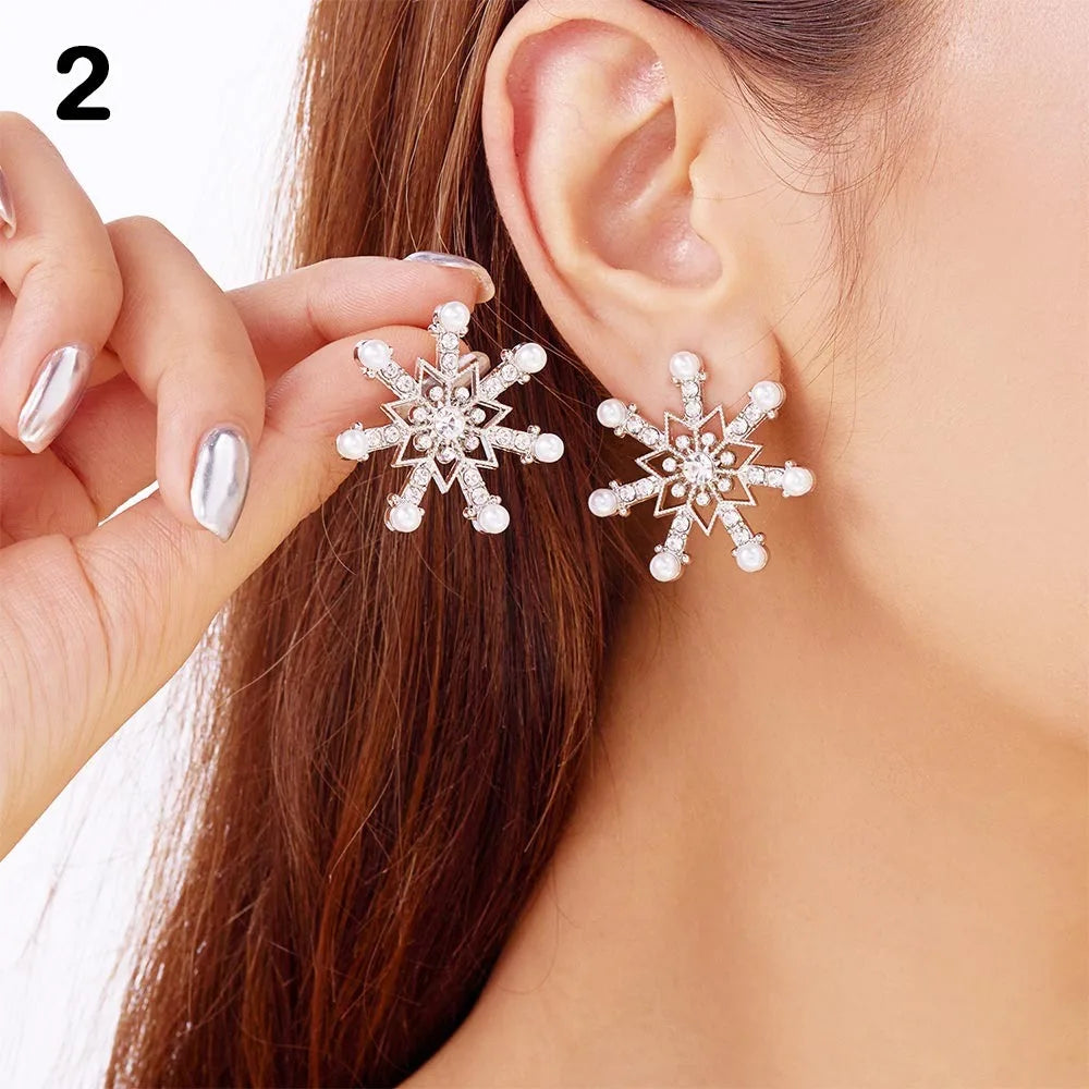 Cute Snowflake Christmas Stud Earrings Crystal Zircon Pearl Dangle Piercing Ear Jewelry Drop Earrings Gifts