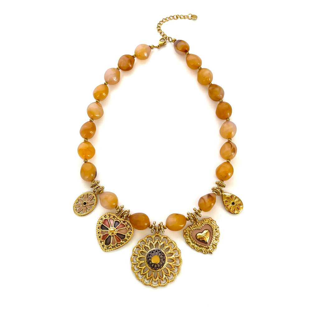 GHIDBK Fashionable Stainless Steel Gold-Plated Heart-Shaped Circular Pendant Necklace Handmade Women Resin Bead Chain Jewelrys