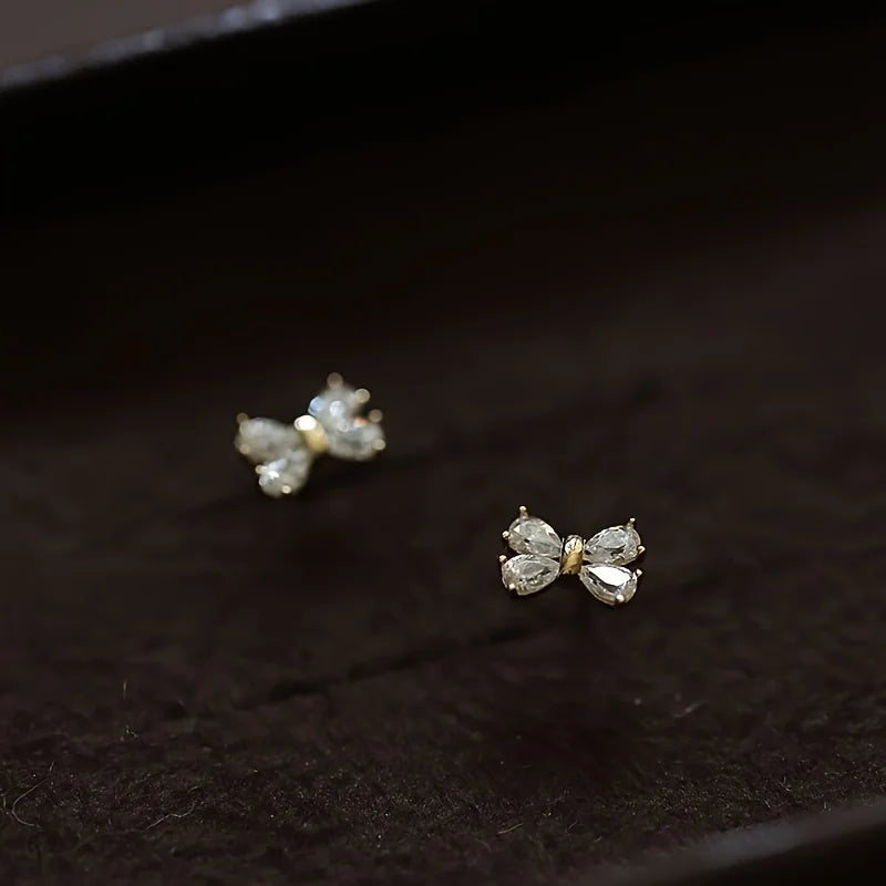 Silver Needle Simple Small Stud Earrings Bowknot Cubic Zirconia Minimalist Stud Earrings Gift for Her Jewelry Accessories Gifts