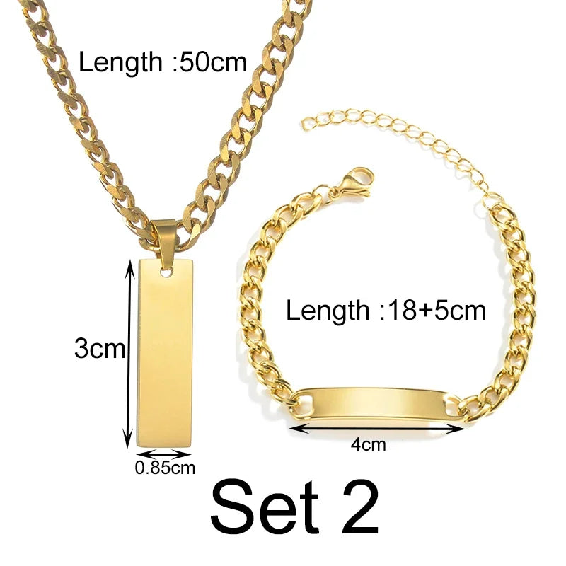 Goxijite Smooth Plate Engrave Name Necklace Set For Men Stainless Steel Engraved Date Thick Chain Bracelet Accessories Gifts