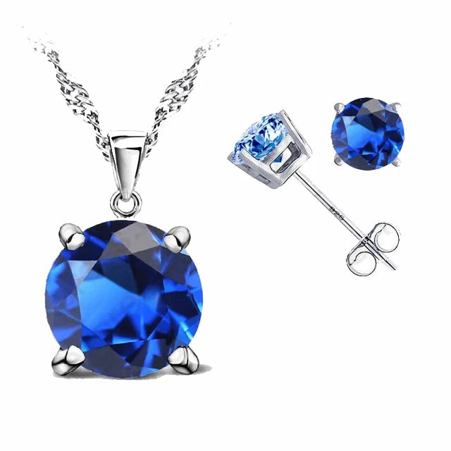 Classic Jewelry 4 Claws Cubic Zirconia 925 Sterling Silver Jewelry Sets Stud Earring Pendant Necklace 8 Colors