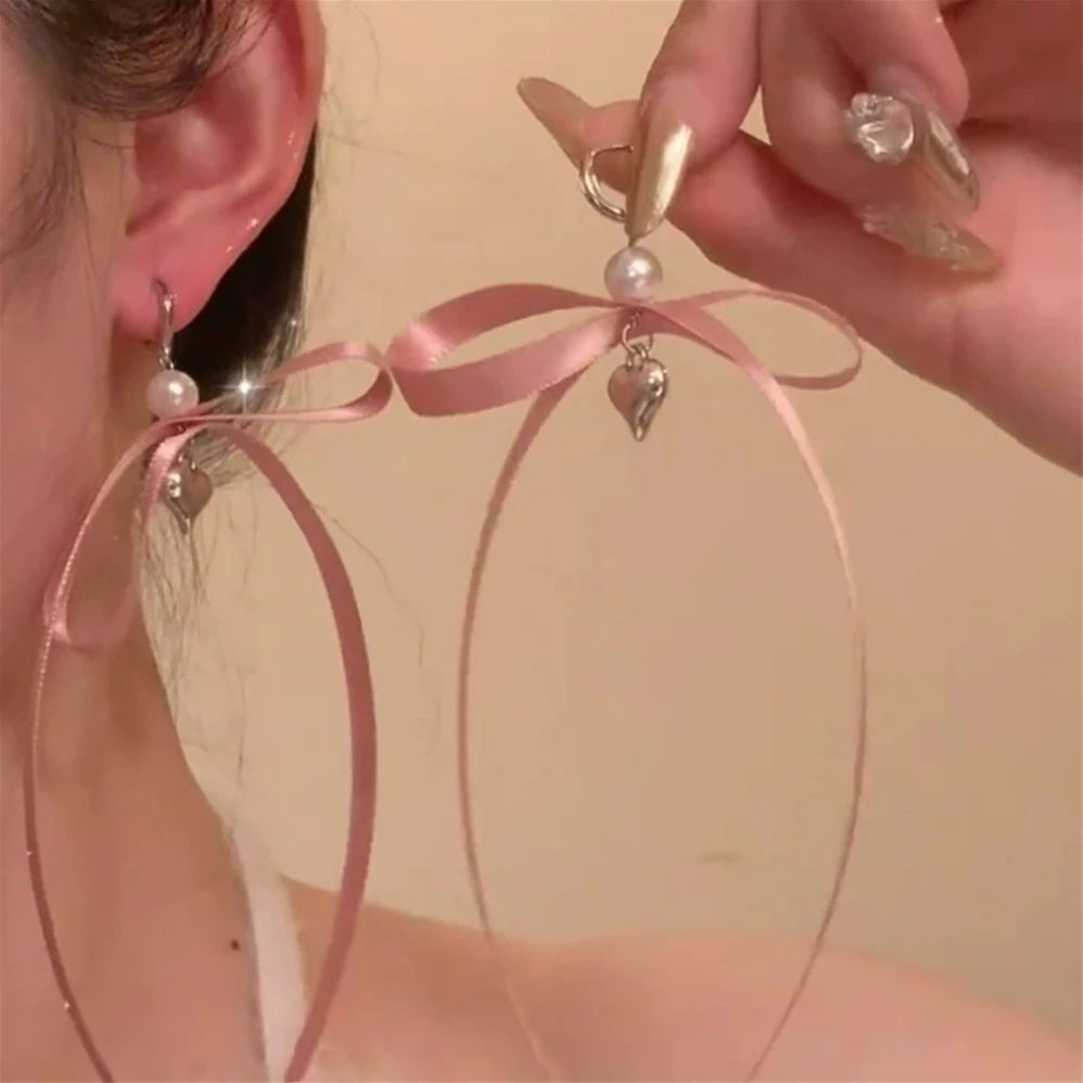 Romantic Imitation Pearl Ribbon Bowknot Statement Earrings for Women Vintage Y2K Heart Aesthetic Earrings 2024 Trendy Jewelry