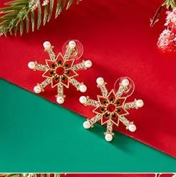 Cute Snowflake Christmas Stud Earrings Crystal Zircon Pearl Dangle Piercing Ear Jewelry Drop Earrings Gifts