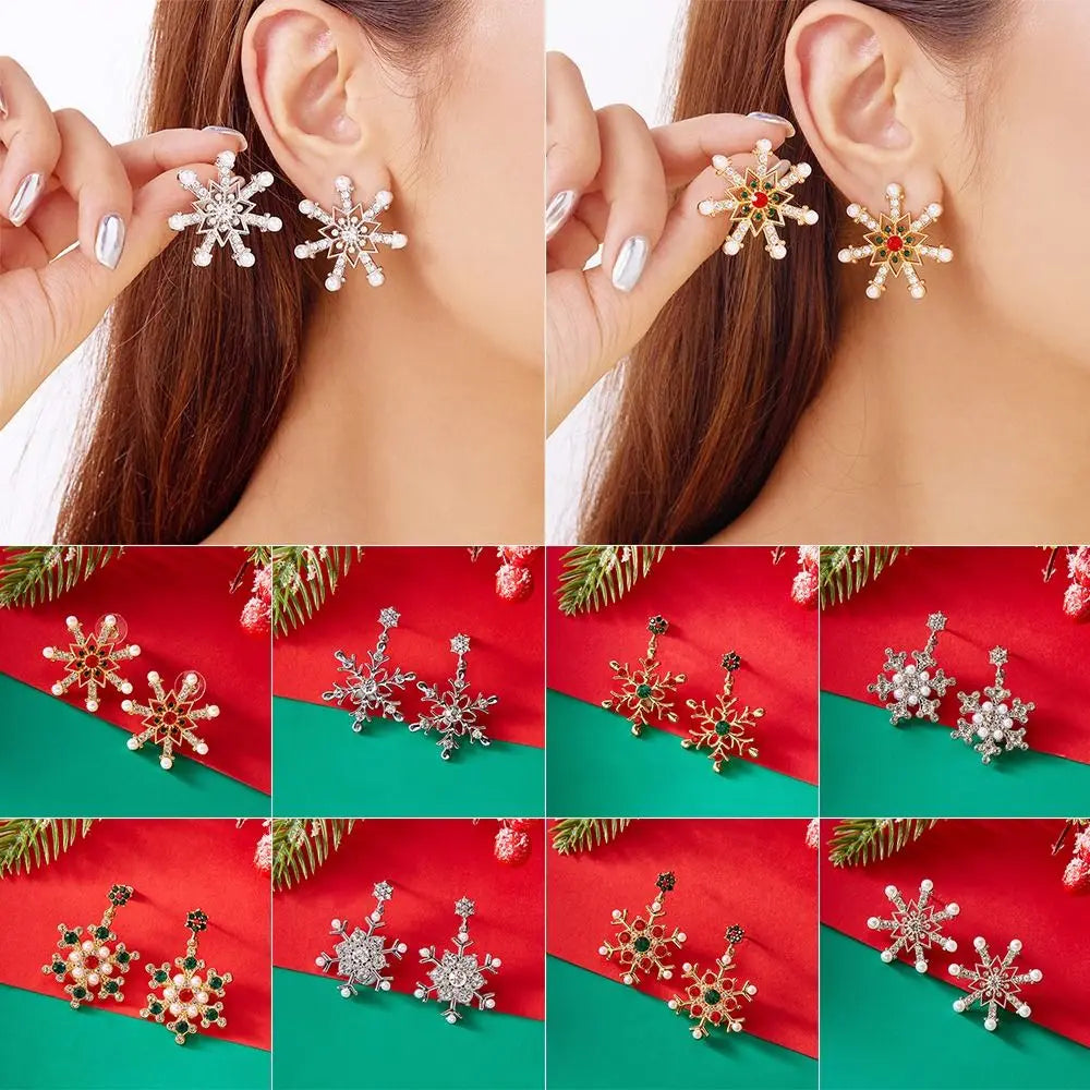 Cute Snowflake Christmas Stud Earrings Crystal Zircon Pearl Dangle Piercing Ear Jewelry Drop Earrings Gifts