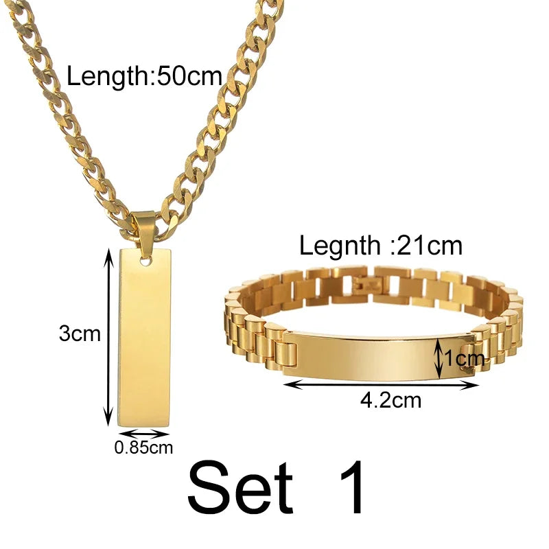 Goxijite Smooth Plate Engrave Name Necklace Set For Men Stainless Steel Engraved Date Thick Chain Bracelet Accessories Gifts