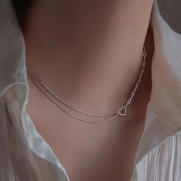 Real 925 Sterling Silver Hollow Heart Bead Chain Necklaces for Women Cute Fine Jewelry Minimalist Asymmetrical Accessories