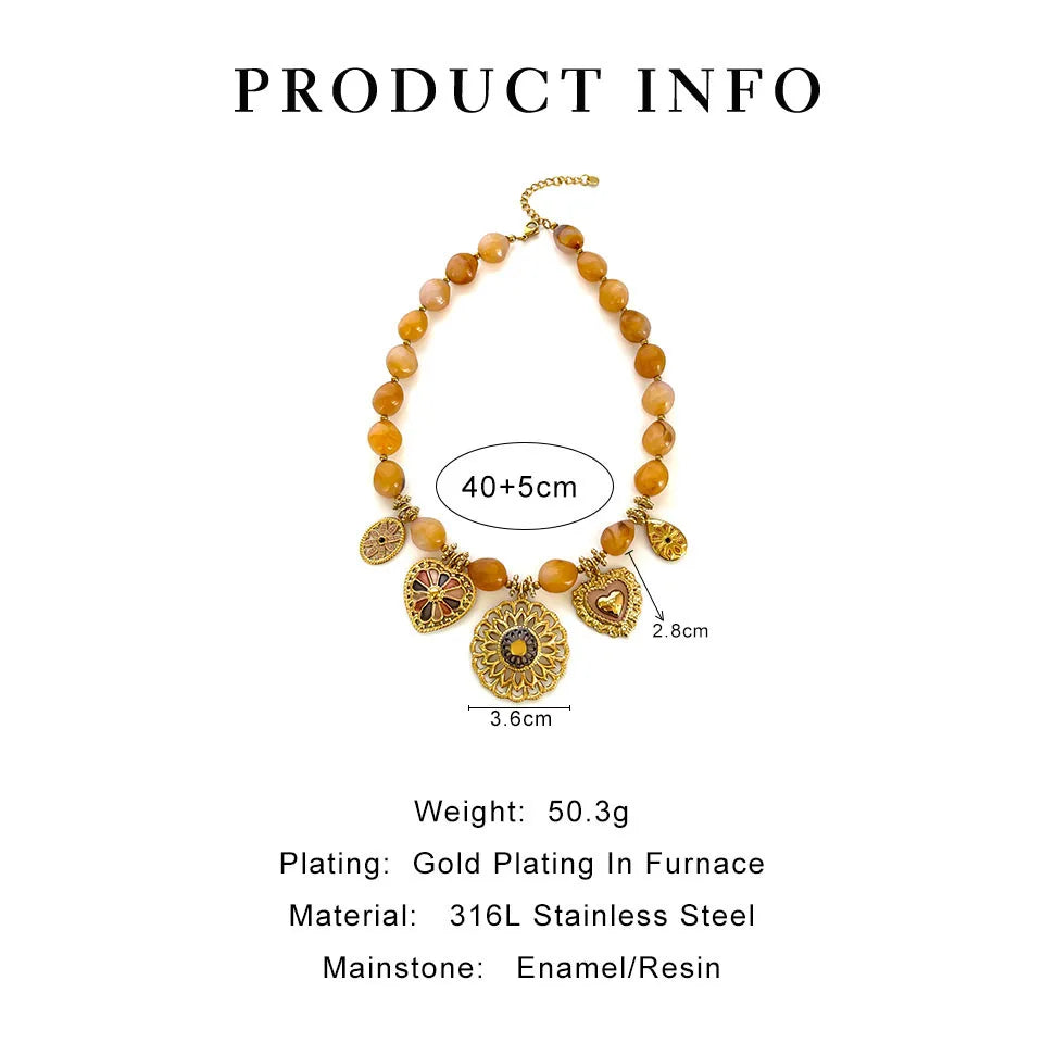 GHIDBK Fashionable Stainless Steel Gold-Plated Heart-Shaped Circular Pendant Necklace Handmade Women Resin Bead Chain Jewelrys