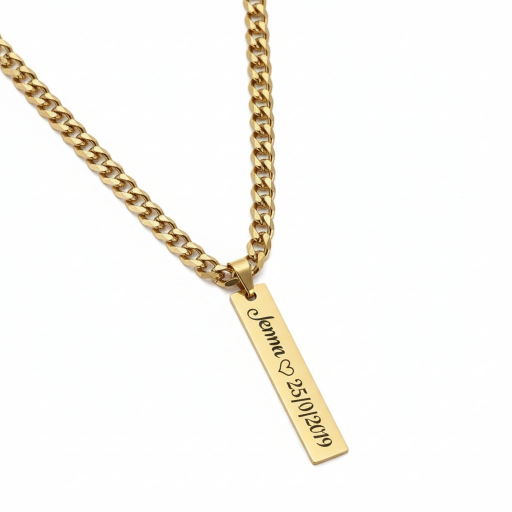 Goxijite Smooth Plate Engrave Name Necklace Set For Men Stainless Steel Engraved Date Thick Chain Bracelet Accessories Gifts