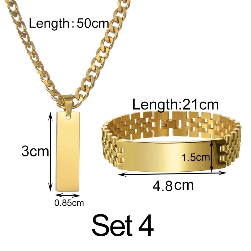 Goxijite Smooth Plate Engrave Name Necklace Set For Men Stainless Steel Engraved Date Thick Chain Bracelet Accessories Gifts