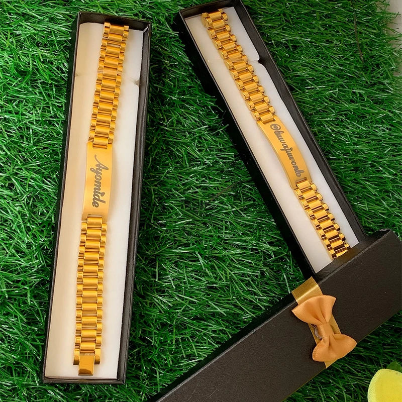 Goxijite Smooth Plate Engrave Name Necklace Set For Men Stainless Steel Engraved Date Thick Chain Bracelet Accessories Gifts