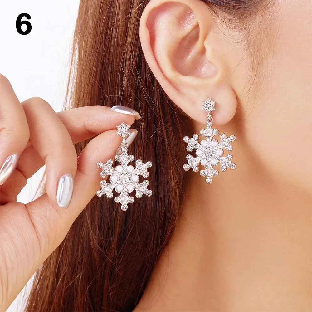Cute Snowflake Christmas Stud Earrings Crystal Zircon Pearl Dangle Piercing Ear Jewelry Drop Earrings Gifts