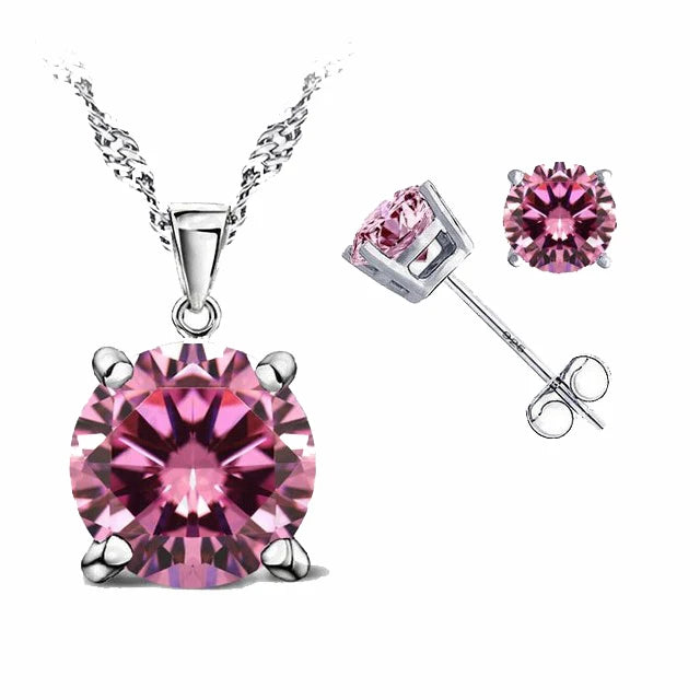 Classic Jewelry 4 Claws Cubic Zirconia 925 Sterling Silver Jewelry Sets Stud Earring Pendant Necklace 8 Colors