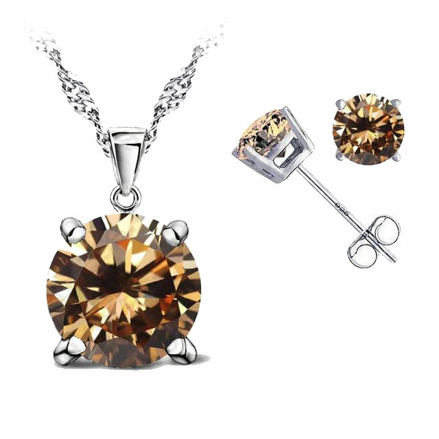 Classic Jewelry 4 Claws Cubic Zirconia 925 Sterling Silver Jewelry Sets Stud Earring Pendant Necklace 8 Colors