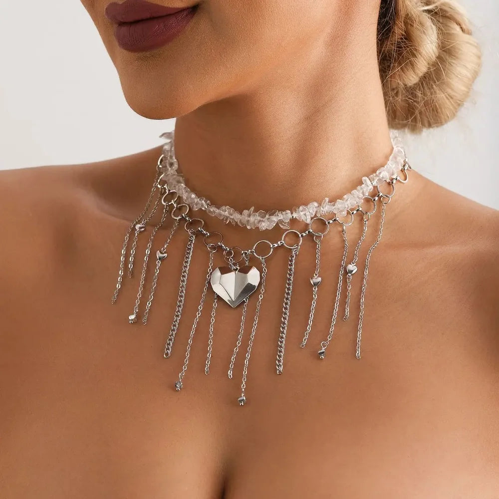 Heart Beaded Necklace for Women Boho Crystal Class Gravel Clavicle Chain Cool Y2K Choker Exquisite Jewelry Accessories украшения