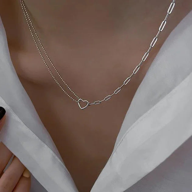 Real 925 Sterling Silver Hollow Heart Bead Chain Necklaces for Women Cute Fine Jewelry Minimalist Asymmetrical Accessories