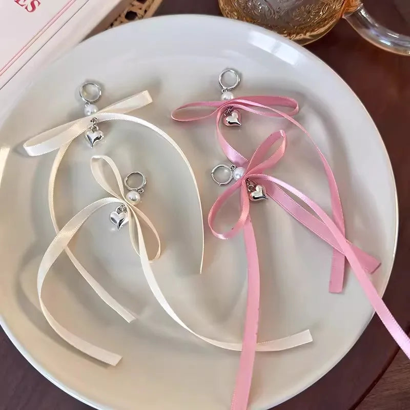 Romantic Imitation Pearl Ribbon Bowknot Statement Earrings for Women Vintage Y2K Heart Aesthetic Earrings 2024 Trendy Jewelry