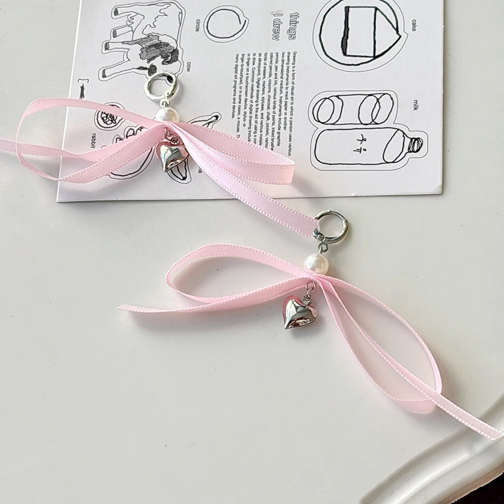 Romantic Imitation Pearl Ribbon Bowknot Statement Earrings for Women Vintage Y2K Heart Aesthetic Earrings 2024 Trendy Jewelry