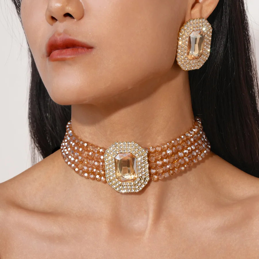 FYUAN Multilayer Champagne Red White Black Crystal Necklace Geometric Square Earrings Women Weddings Banquet Jewelry Sets