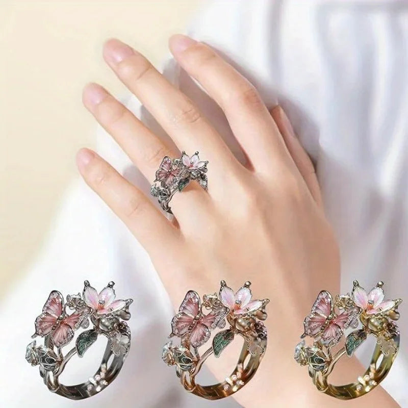Aesthetic Flower Butterfly Rings for Female Romantic Rhinestone Stylish Non-fading Opening Ring Women Wedding Jewelry Party Gift