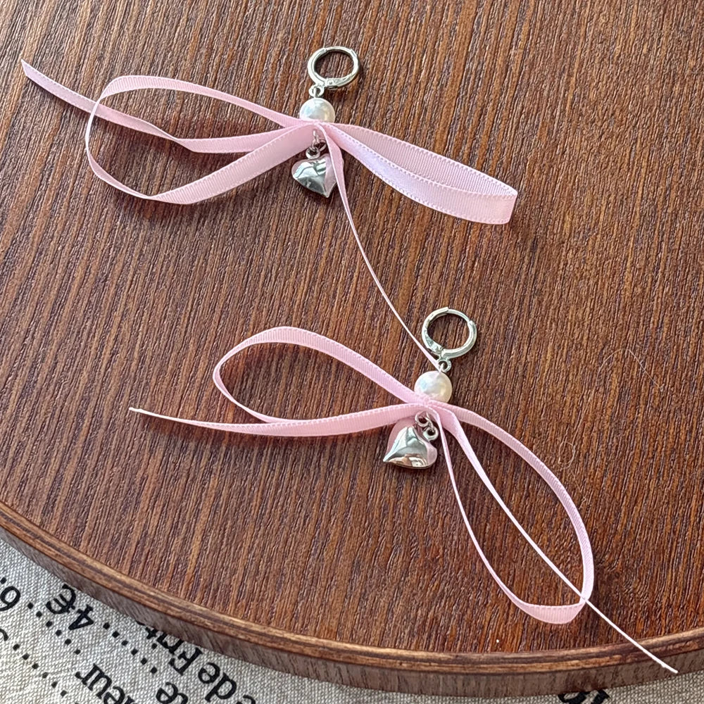 Romantic Imitation Pearl Ribbon Bowknot Statement Earrings for Women Vintage Y2K Heart Aesthetic Earrings 2024 Trendy Jewelry