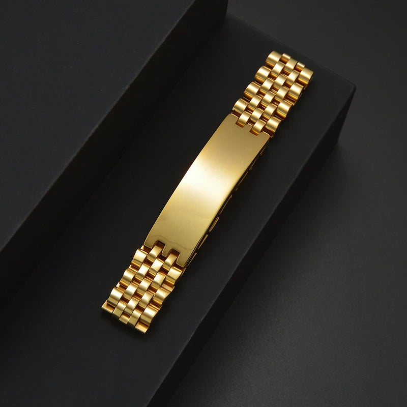 Goxijite Smooth Plate Engrave Name Necklace Set For Men Stainless Steel Engraved Date Thick Chain Bracelet Accessories Gifts