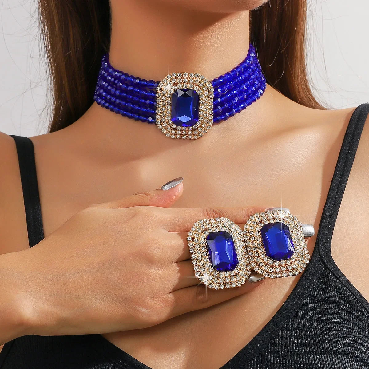 FYUAN Multilayer Champagne Red White Black Crystal Necklace Geometric Square Earrings Women Weddings Banquet Jewelry Sets