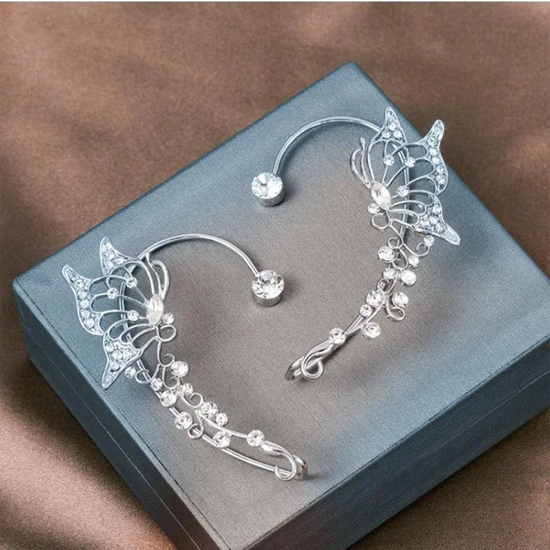 Korean Elf Butterfly Ear Cuff Without Piercing Clip Earrings for Women Elegant Sparkling Zircon Crystal Ear Clip Wedding Jewelry