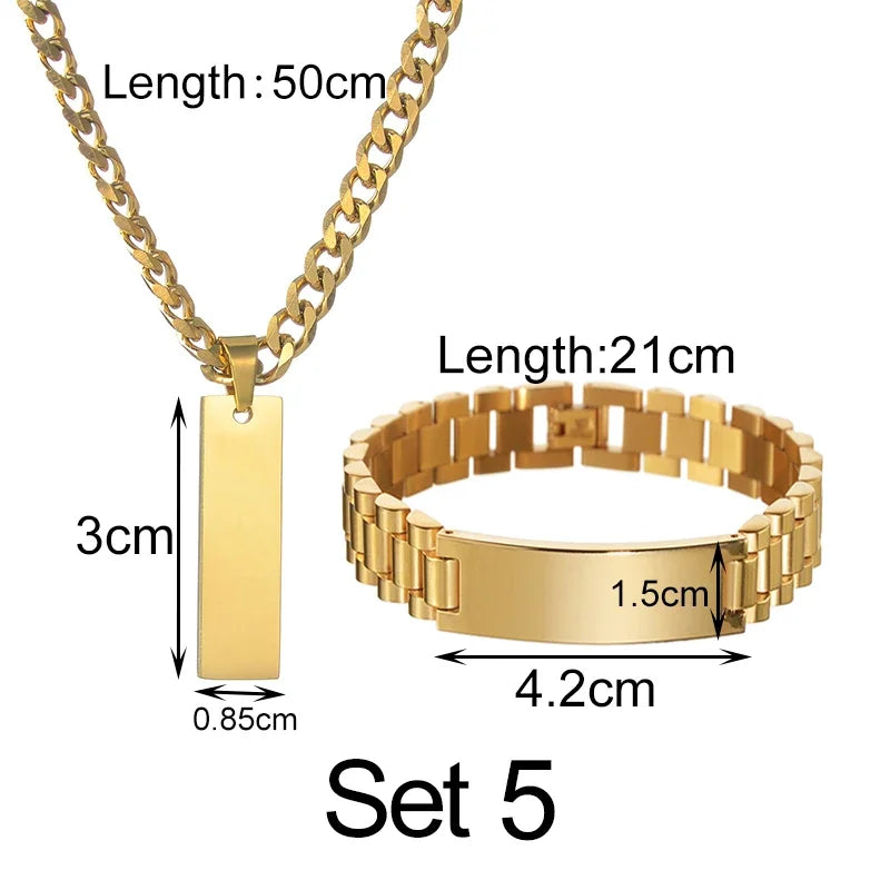 Goxijite Smooth Plate Engrave Name Necklace Set For Men Stainless Steel Engraved Date Thick Chain Bracelet Accessories Gifts