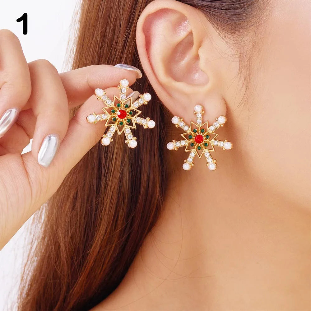 Cute Snowflake Christmas Stud Earrings Crystal Zircon Pearl Dangle Piercing Ear Jewelry Drop Earrings Gifts