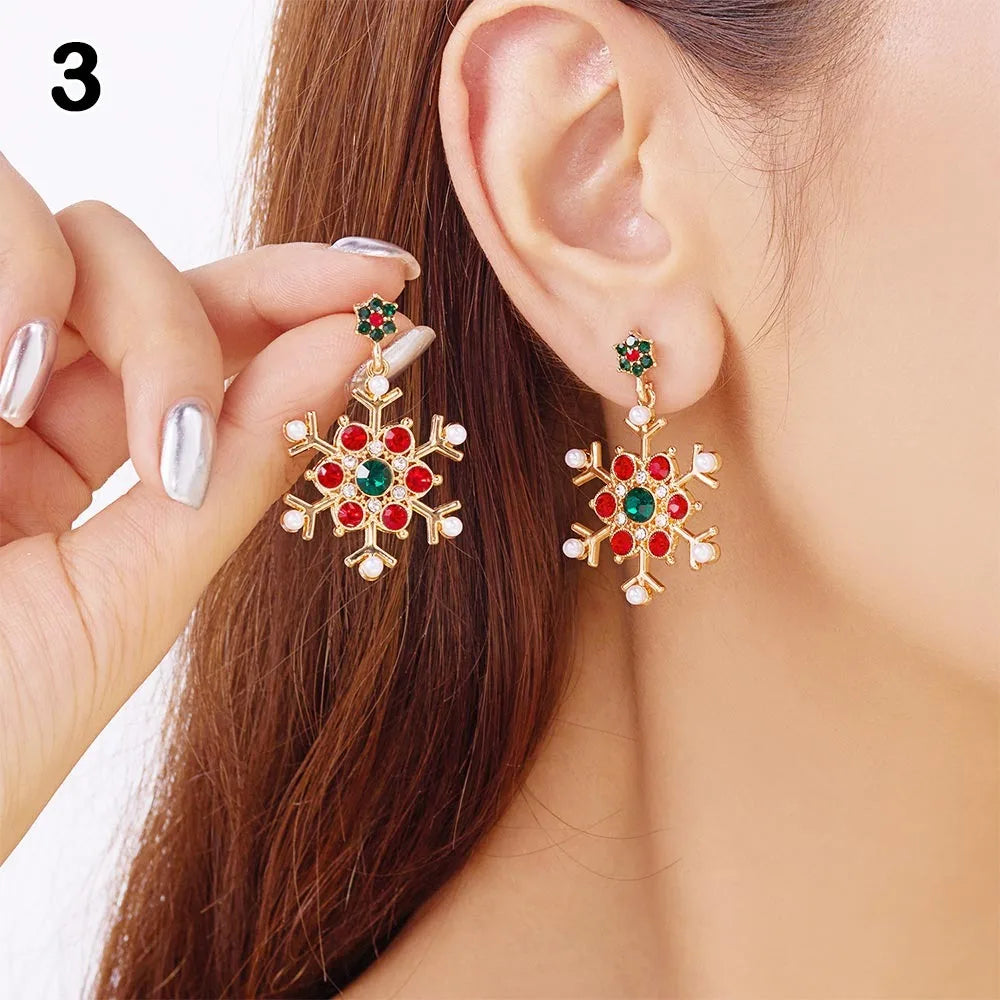 Cute Snowflake Christmas Stud Earrings Crystal Zircon Pearl Dangle Piercing Ear Jewelry Drop Earrings Gifts