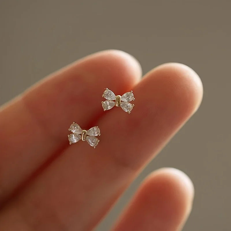 Silver Needle Simple Small Stud Earrings Bowknot Cubic Zirconia Minimalist Stud Earrings Gift for Her Jewelry Accessories Gifts