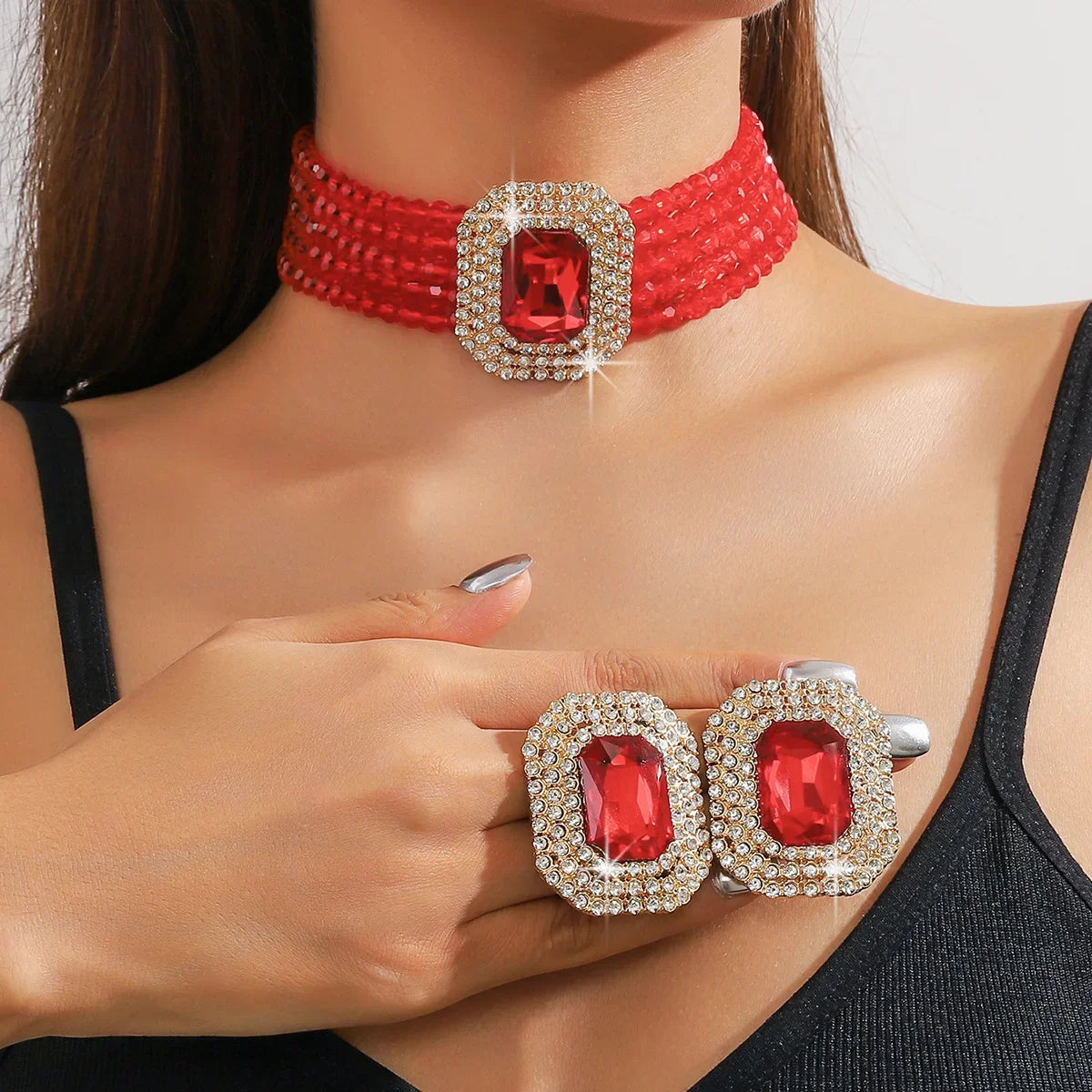 FYUAN Multilayer Champagne Red White Black Crystal Necklace Geometric Square Earrings Women Weddings Banquet Jewelry Sets