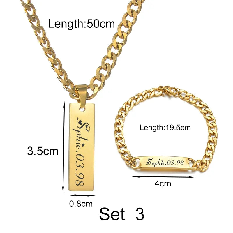 Goxijite Smooth Plate Engrave Name Necklace Set For Men Stainless Steel Engraved Date Thick Chain Bracelet Accessories Gifts