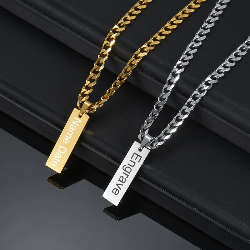 Goxijite Smooth Plate Engrave Name Necklace Set For Men Stainless Steel Engraved Date Thick Chain Bracelet Accessories Gifts