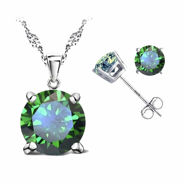 Classic Jewelry 4 Claws Cubic Zirconia 925 Sterling Silver Jewelry Sets Stud Earring Pendant Necklace 8 Colors