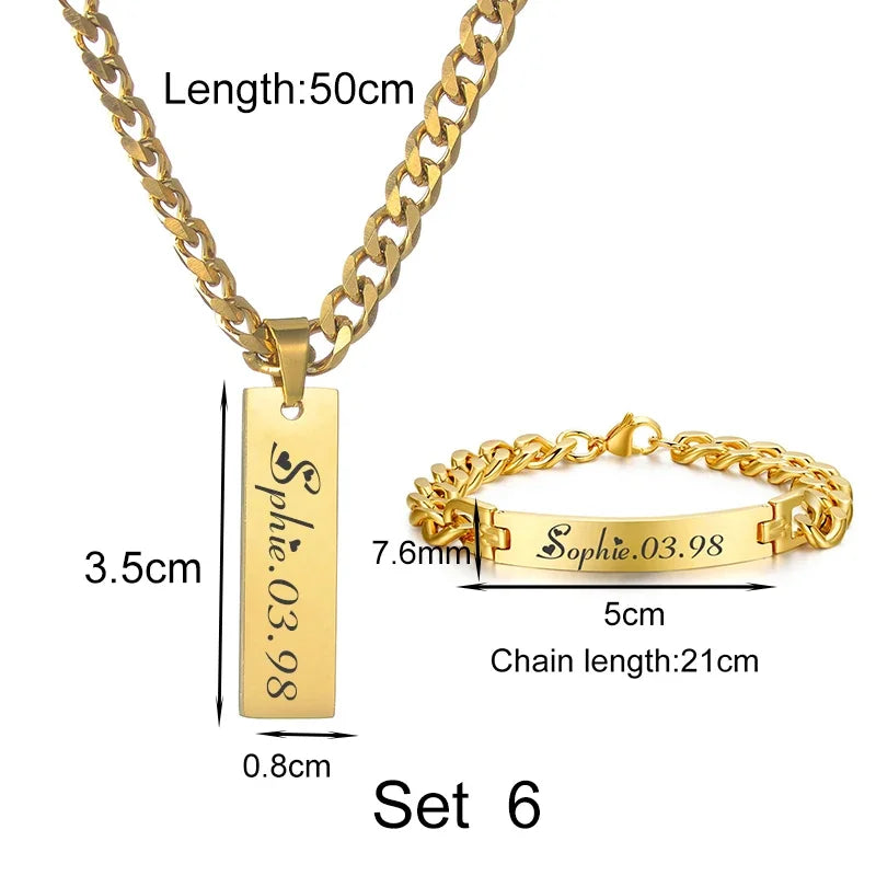 Goxijite Smooth Plate Engrave Name Necklace Set For Men Stainless Steel Engraved Date Thick Chain Bracelet Accessories Gifts