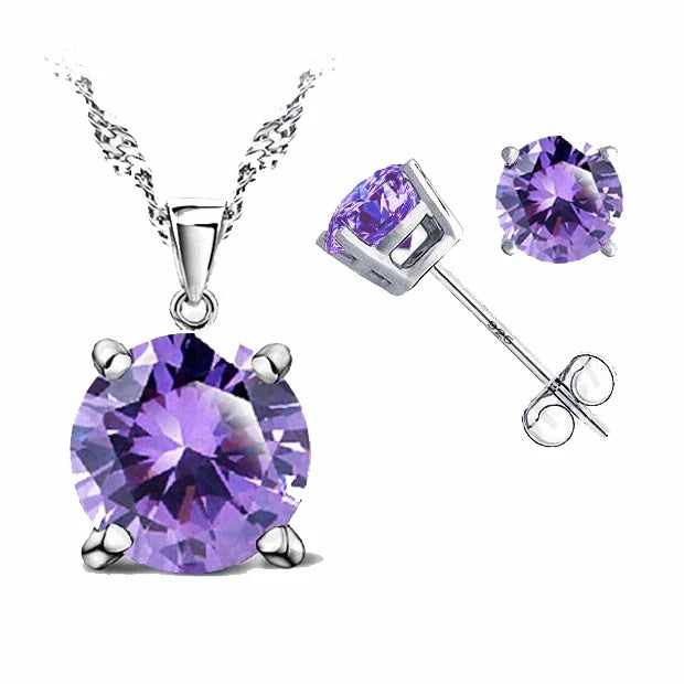 Classic Jewelry 4 Claws Cubic Zirconia 925 Sterling Silver Jewelry Sets Stud Earring Pendant Necklace 8 Colors