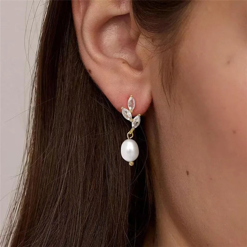 Luxury Water Drop Imitation Pearl Drop Stud Earrings For Women Girls White Crystal Zircon Earring  Wedding Festival Jewelry Gift